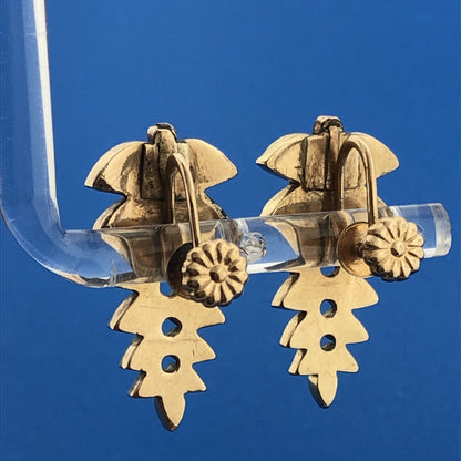 Vintage 14k Yellow Gold Onyx Inlay Seed Pearl Fern Leaf Screw Back Earrings