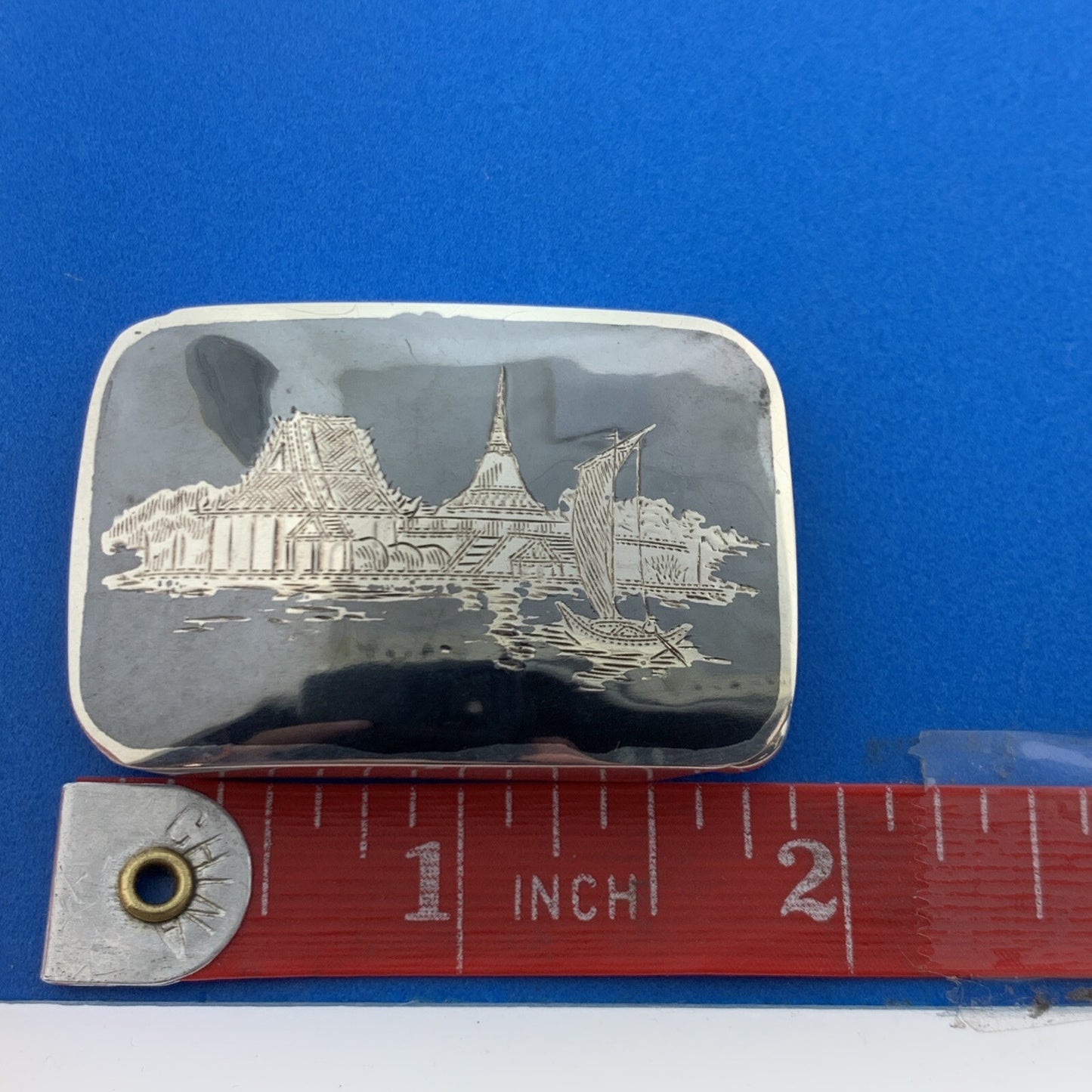 Vintage Sterling Silver SIAM NIELLOWARE Buildings Belt Buckle