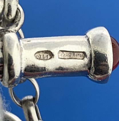 Vintage Italy Sterling Silver Red Carnelian Green Onyx Floral Toggle Bracelet