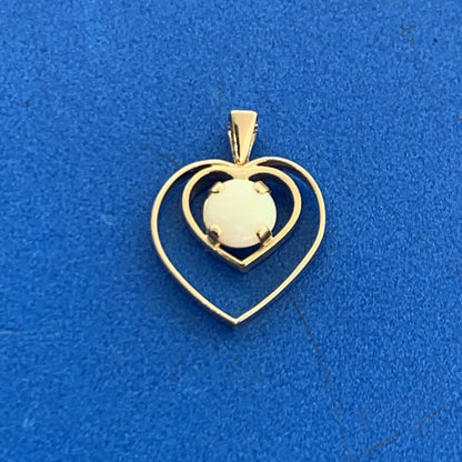 Designer 14K Yellow Gold Round Opal Open Work Double Heart Pendant