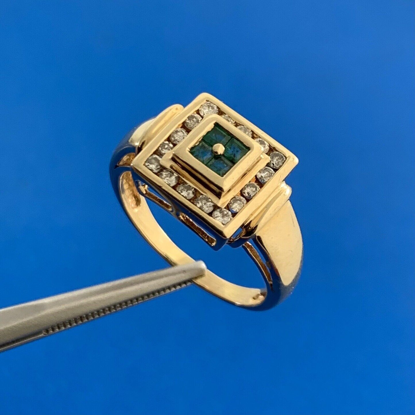 Designer 14K Yellow Gold Princess Quad Emerald Channel Set and Diamond Halo Ring