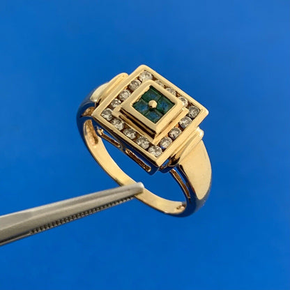 Designer 14K Yellow Gold Princess Quad Emerald Channel Set and Diamond Halo Ring