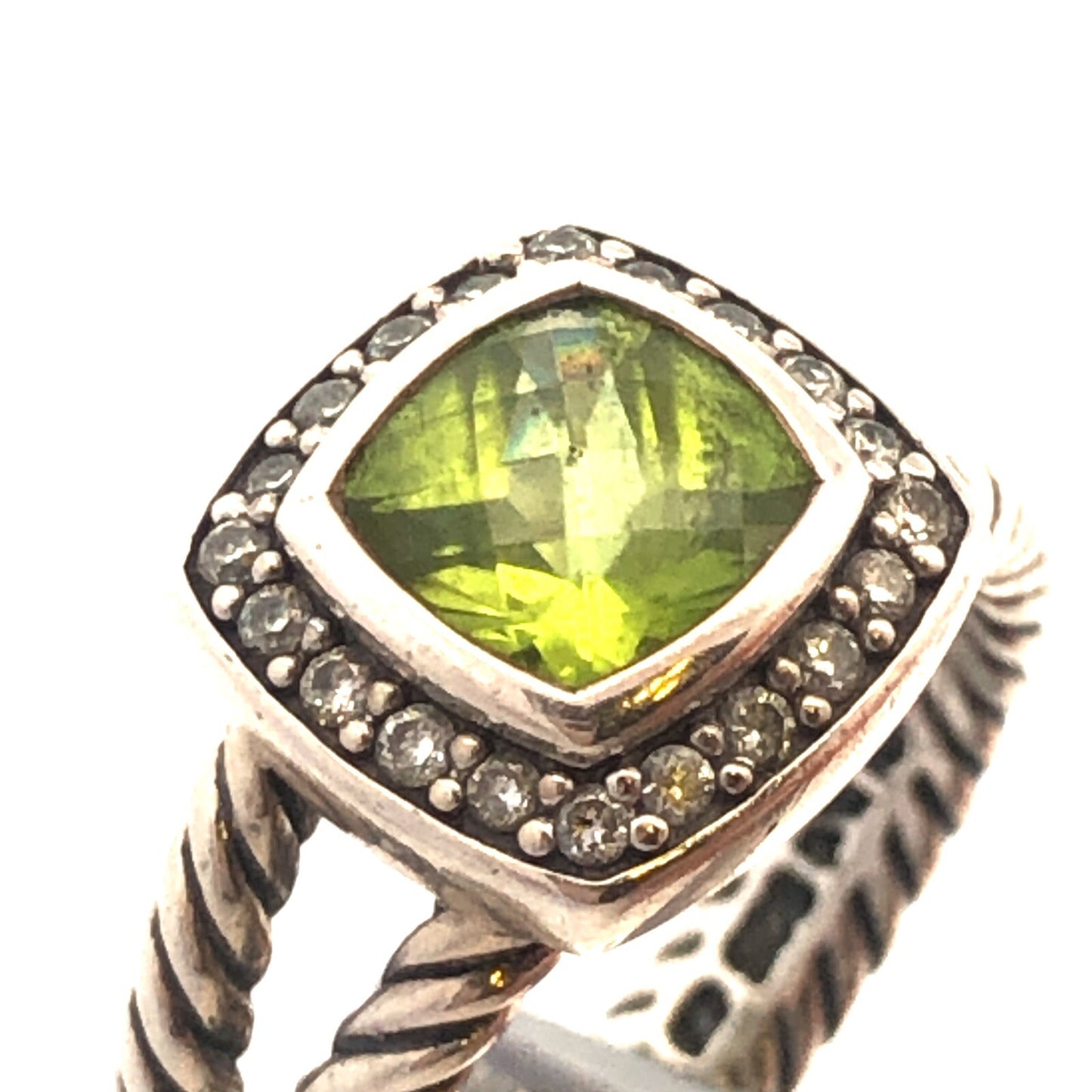 Designer David Yurman 925 Sterling Silver Prasiolite Diamond Halo Albion Ring