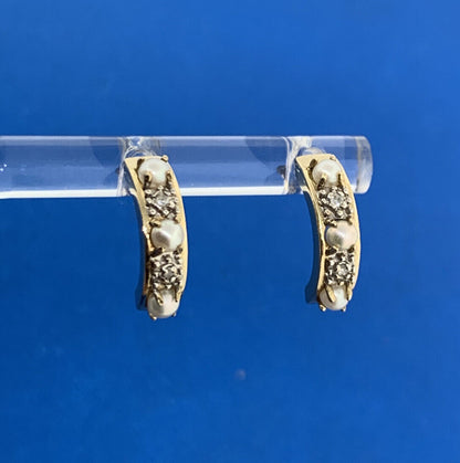 14K Yellow Gold Pearl Diamond Half Hoop Stud Earrings