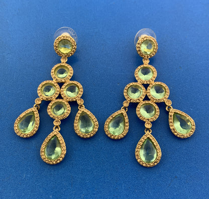 Vintage Carolee Lux Gold Tone Green & Gold Rhinestone Chandelier Dangle Earrings