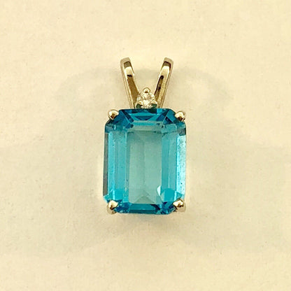 14K White Gold Rectangular Swiss Blue Topaz Diamond Accent Pendant