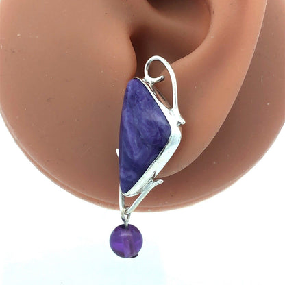 Vintage 925 Sterling Silver Triangle Charoite Amethyst Statement Stud Earrings