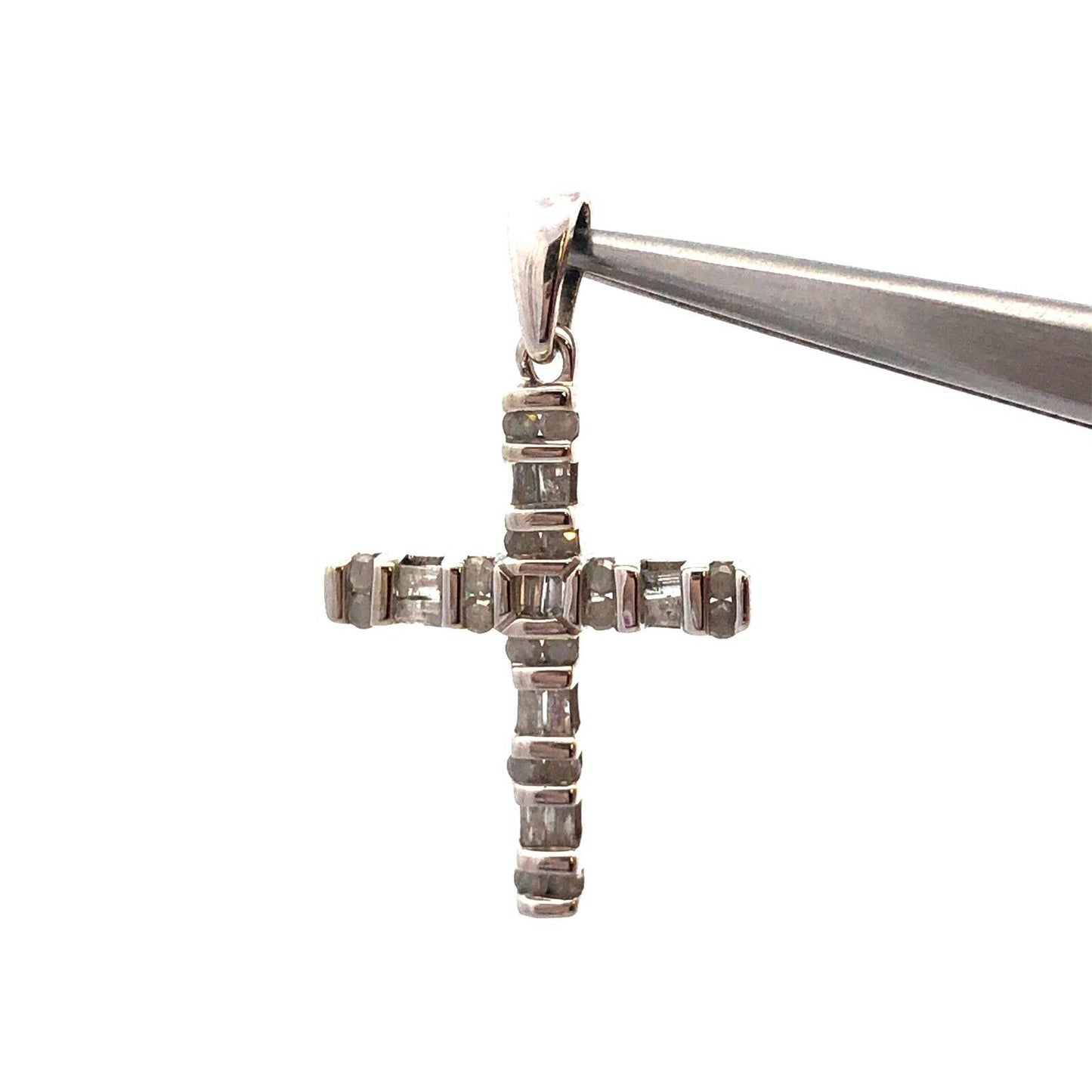 Designer SNJ 10K White Gold Round Baguette Diamonds Cross Pendant