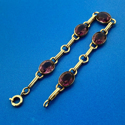 Vintage 12KT Gold Filled Oval Purple Amethyst Station Panel Link Bracelet