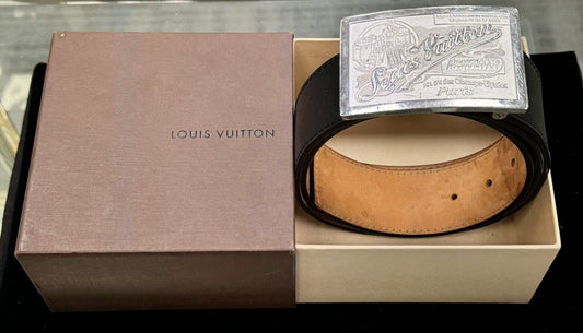 Louis Vuitton Travelling Requisites Black Leather Belt And Silver Tone Buckle