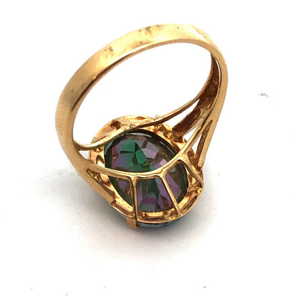 14K Yellow Gold Oval Mystic Topaz Healing Good Luck Power Statement Ring