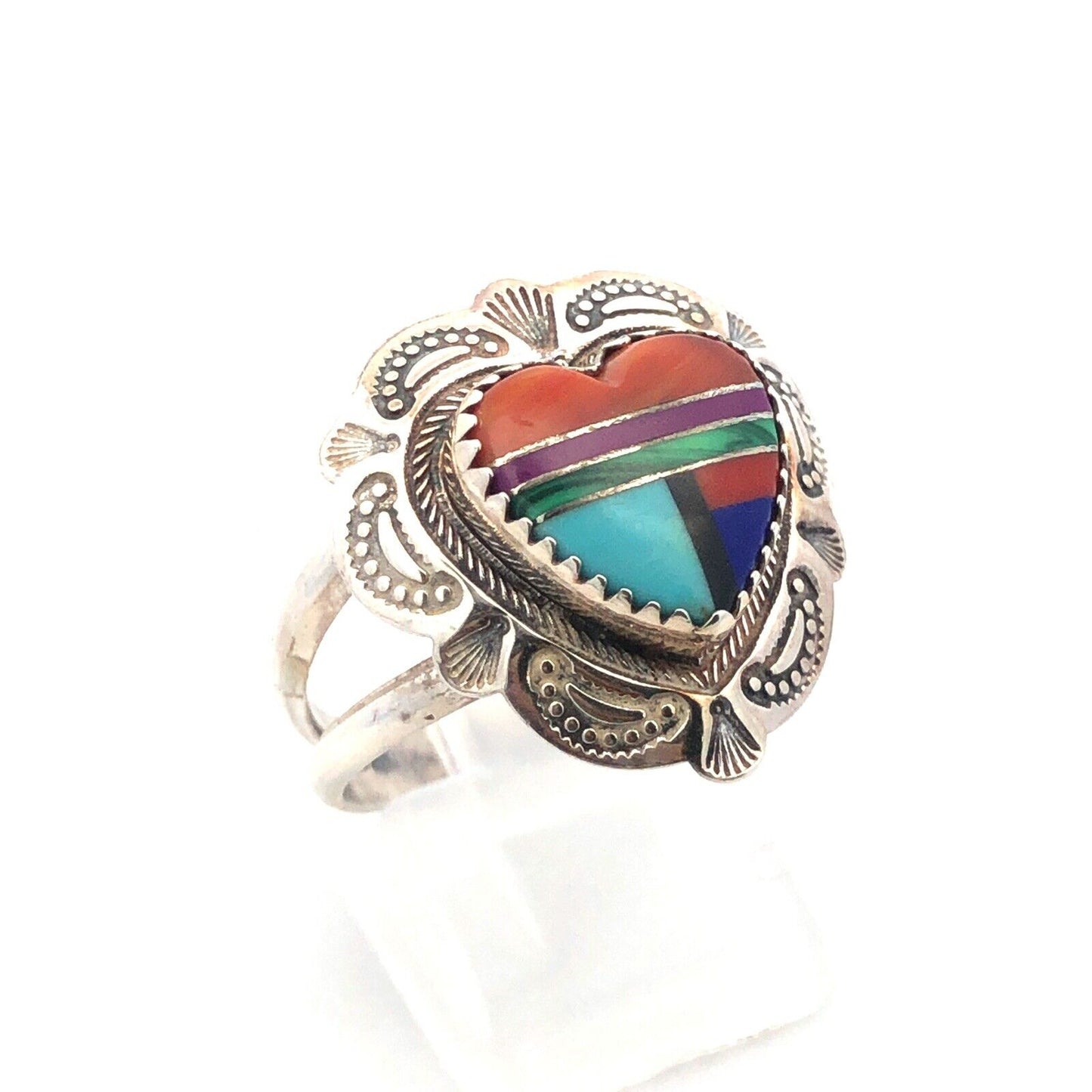 Quoc Turquoise Inc 925 Sterling Silver Mixed Gemstone Inlay Heart Concho Ring