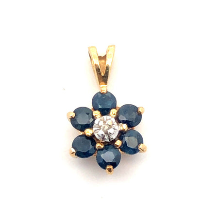 Designer AV 10k Yellow Gold Round Cut Sapphire Diamond Floral Cluster Pendant
