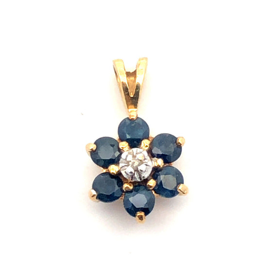 Designer AV 10k Yellow Gold Round Cut Sapphire Diamond Floral Cluster Pendant