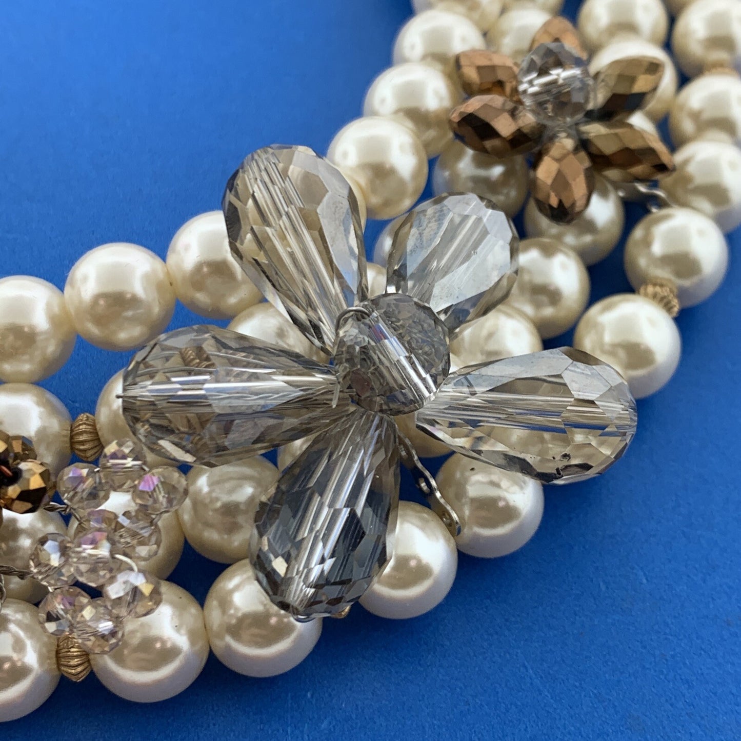 Vtg Artisan Gold Tone Abalone Faux Pearl Crystal Bead Statement Collar Necklace