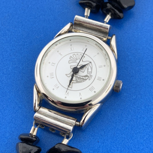 Kokopelli Dancing Flute Player 8" Black Shard Stainless Steel Wristwatch Running