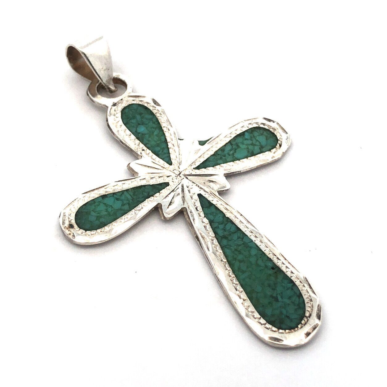Vintage Taxco Mexico 925 Sterling Silver Turquoise Inlay Statement Cross Pendant