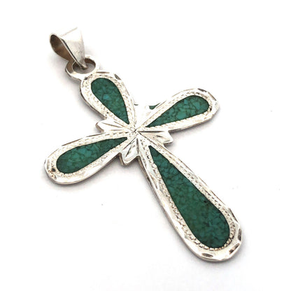 Vintage Taxco Mexico 925 Sterling Silver Turquoise Inlay Statement Cross Pendant