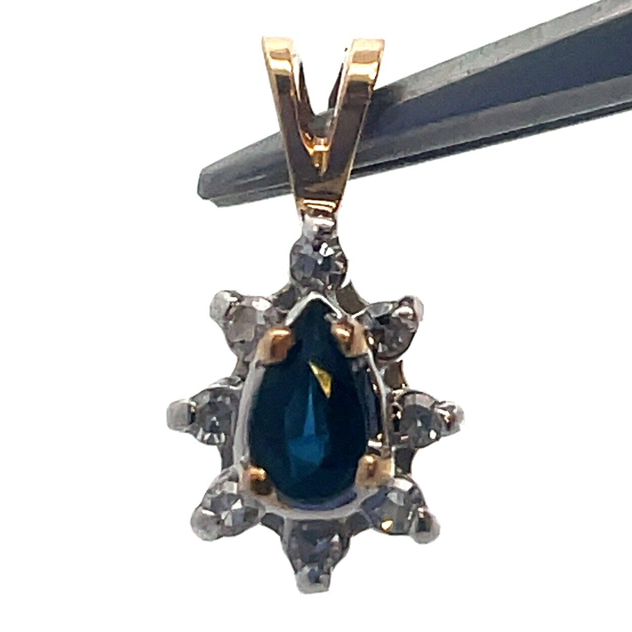 Vintage 14K Yellow Gold Pear Cut Blue Sapphire Diamond Halo Teardrop Pendant