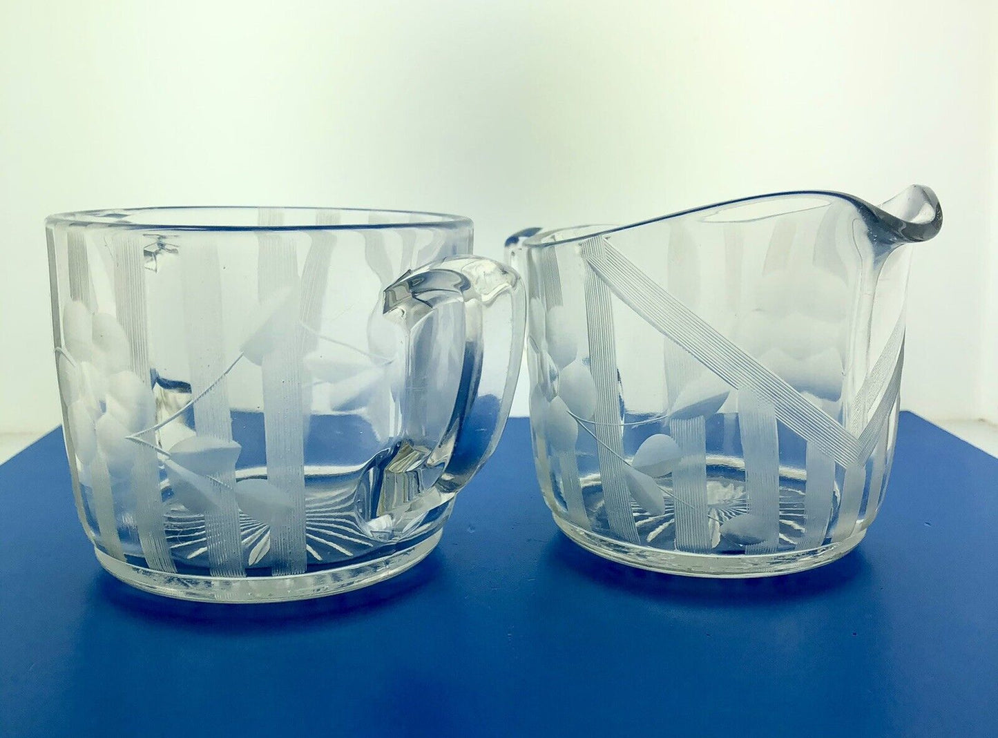 EAPG Clear Daisy Flower Etched Vertical Lines Cream Pitcher Sugar 2 pc Set