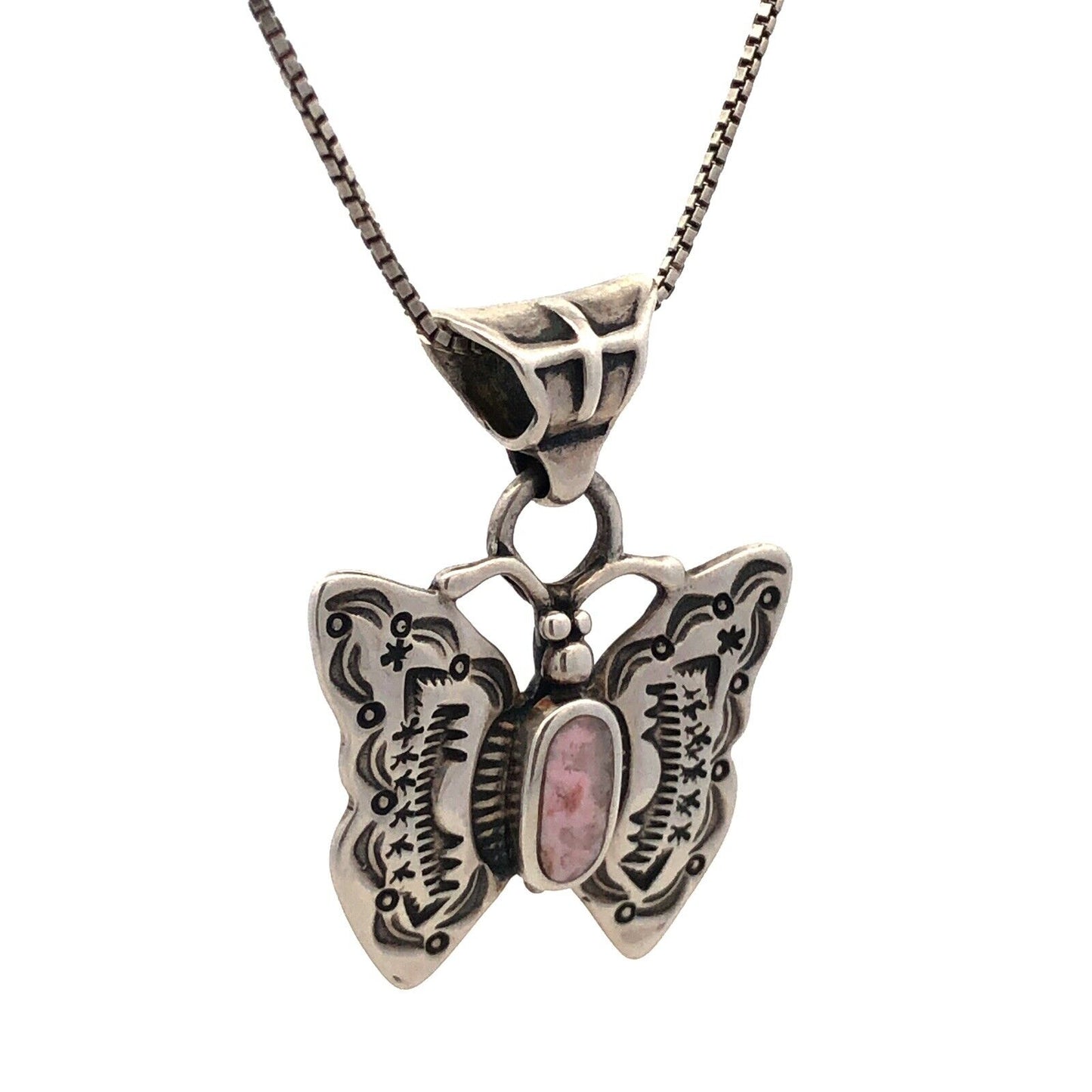 Native American 925 Sterling Silver Pink Agate Storyteller Butterfly Necklace