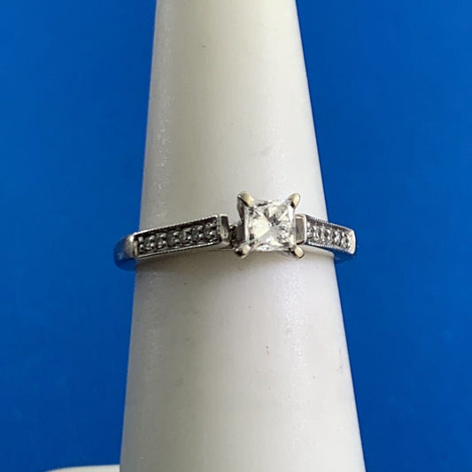 10K White Gold GSI Graded Princess Diamond Accented Engagement Ring