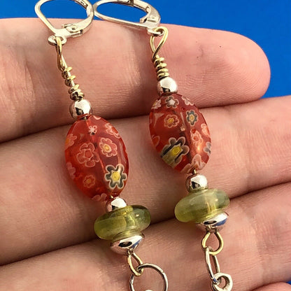 Sterling Silver 925 Millefiore Glass Bead Fleur De Lis Drop Dangle Earrings