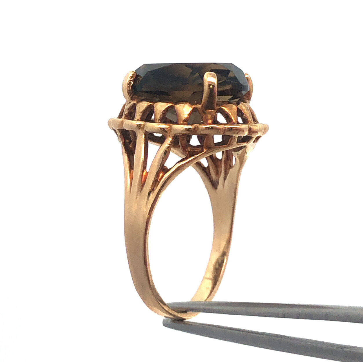 Vintage 10K Yellow Gold Oval Smoky Topaz Statement Cocktail Ring