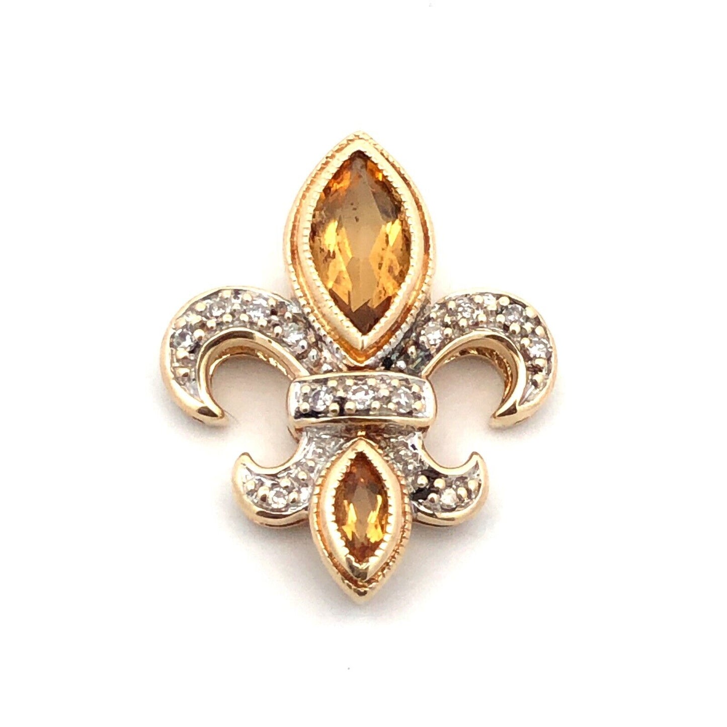 Designer AV 14K Yellow Gold Marquise Citrine Diamond Fleur De Lis Pendant