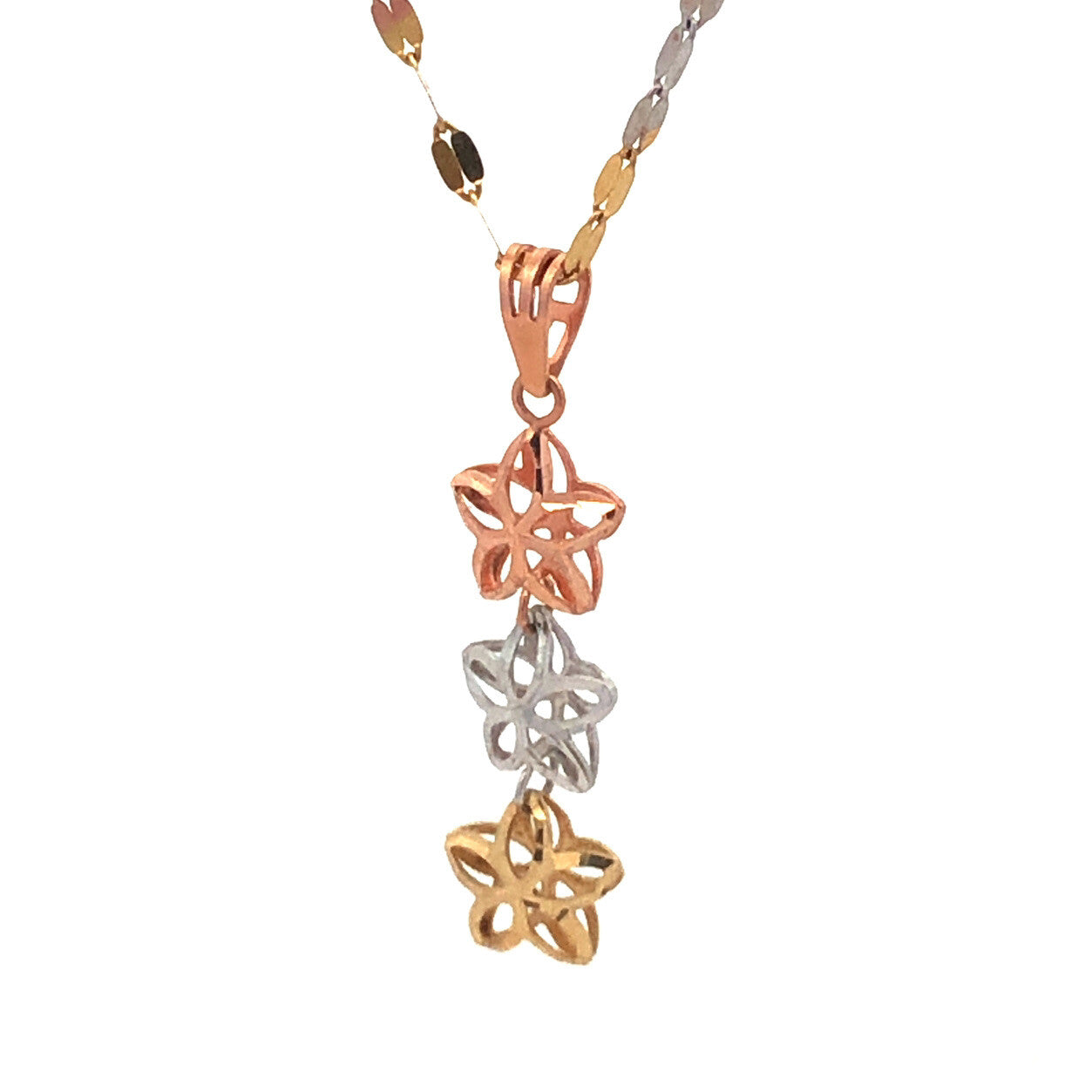 Retro Italy 14K White Yellow Rose Gold Three Star Diamond Cut Pendant Necklace