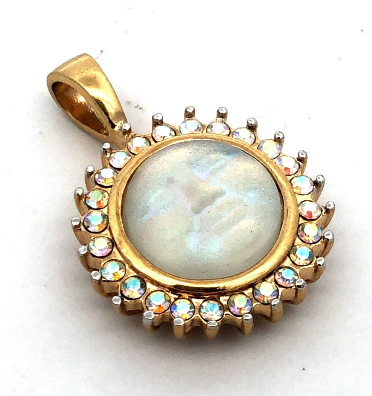 Kirk's Folly Gold Tone Aurora Bourealis Rhinestone Irridescent Man Moon Pendant