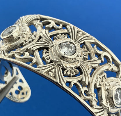 Artisan Sterling Silver Cubic Zirconia Open Scroll Work Statement Cuff Bracelet