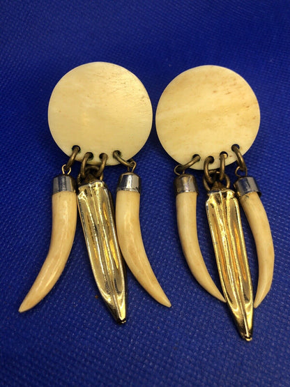 Vintage Gold Tone Ethnic Hand Carved Resin Metal Statement Drop Clip On Earrings