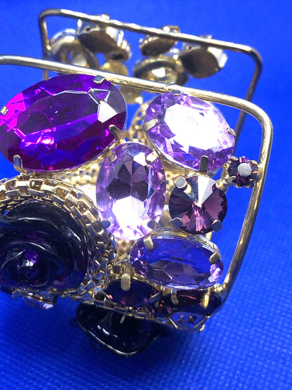 Designer Gold Tone Purple Cubic Zirconia Acrylic Statement Open Cuff Bracelet