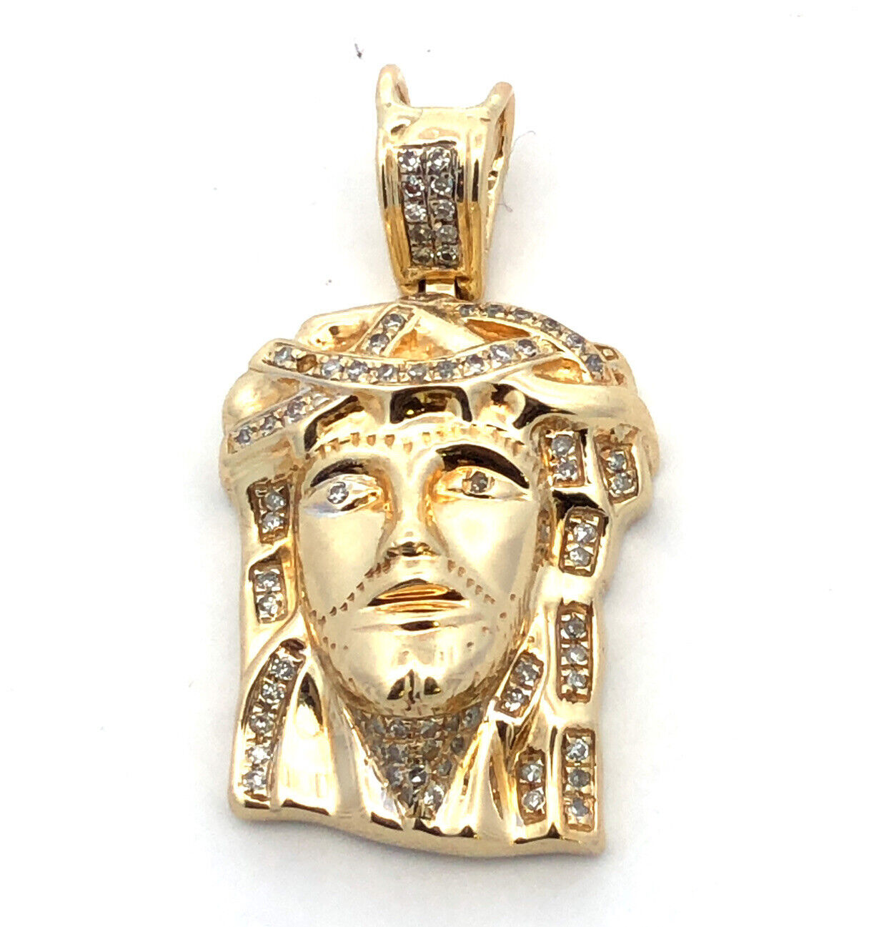 14K Yellow Gold Diamond Jesus Christ Face Crown of Thorns Pendant