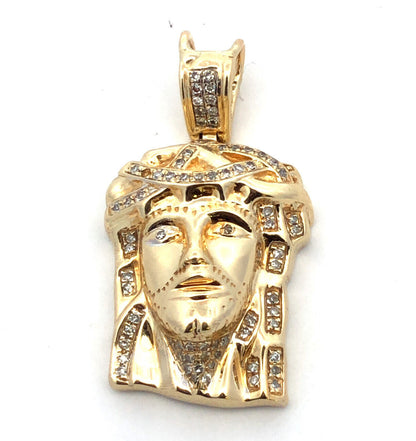 14K Yellow Gold Diamond Jesus Christ Face Crown of Thorns Pendant