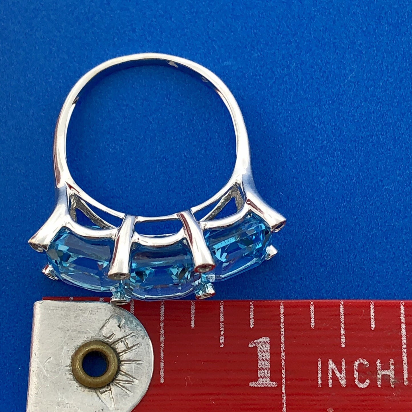 14K White Gold Emerald Cut Swiss Blue Topaz Blue Diamond Accent Size 8 Ring