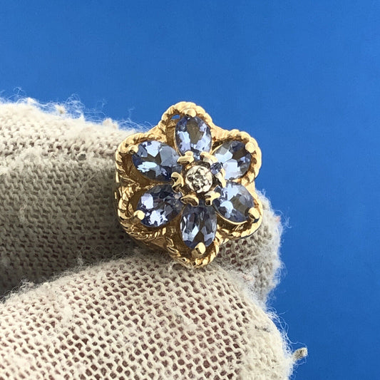 Designer KLJCI 14k Yellow Gold Oval Cut Tanzanite Round Diamond Floral Pendant