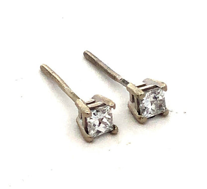 Designer 14K White Gold Princess Square Diamond Solitaire Screw Stud Earrings