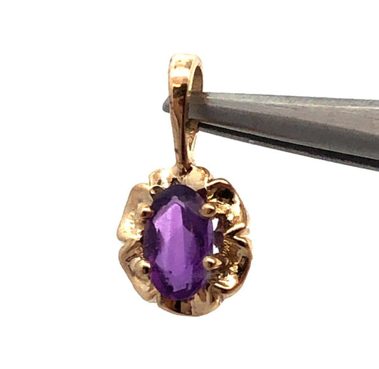 Designer PJ 14K Yellow Gold Oval Purple Amethyst Soliatire Flower Charm Pendant