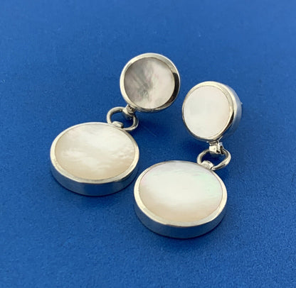 Designer 925 Sterling Silver Mother Of Pearl Disc Modernist Dangle Drop Earrings