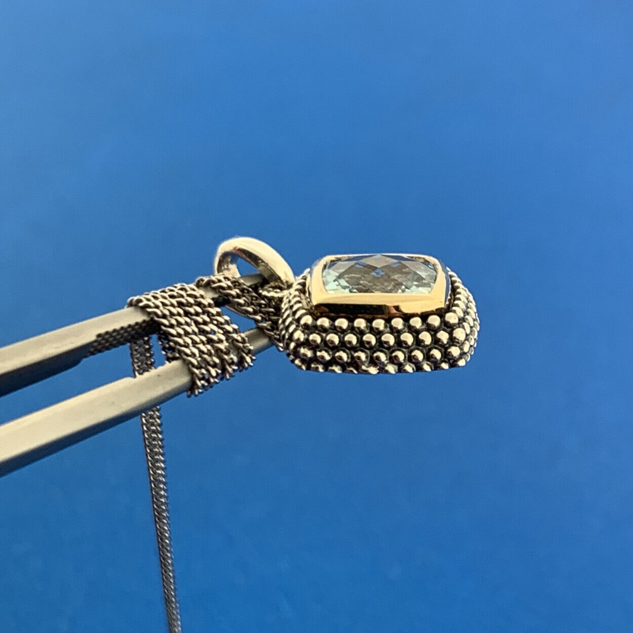 Designer T&C 925 Sterling Silver 14K Yellow Gold Square Blue Topaz Necklace