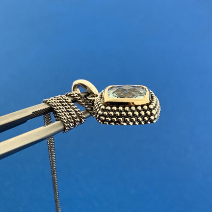 Designer T&C 925 Sterling Silver 14K Yellow Gold Square Blue Topaz Necklace