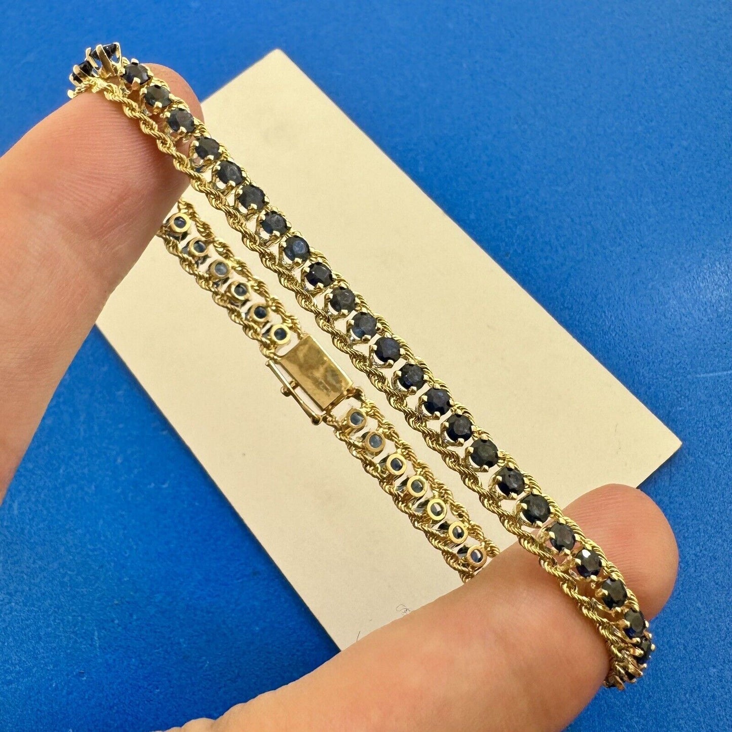 Designer PAT 14K Yellow Gold Round Blue Sapphire 7" Tennis Bracelet