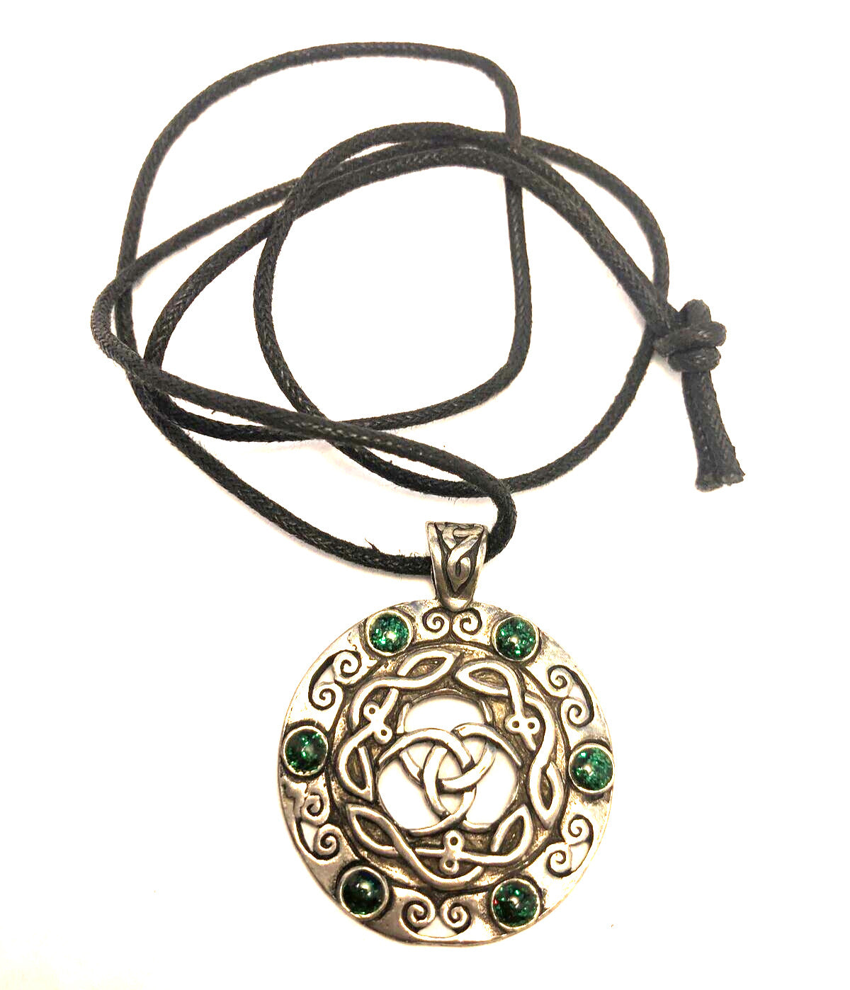 Silver Tone Celtic Knot Green Enamel Round Pendant Cord Statement Necklace