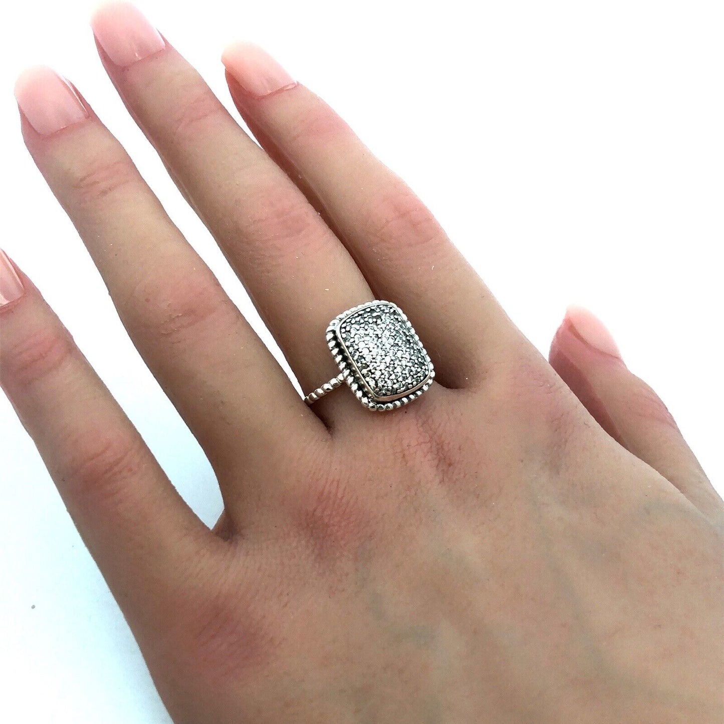 Designer A 925 Sterling Silver Round Diamond Pave Rectangle Anniversary Ring