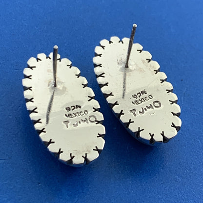 Taxco Mexico TJ-40 925 Sterling Silver Long Oval Red Jasper Stud Earrings