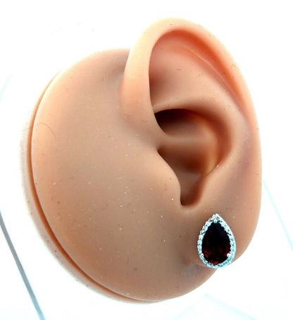 Designer 14K White Gold Pear Garnet Diamond Halo Statement Stud Earrings