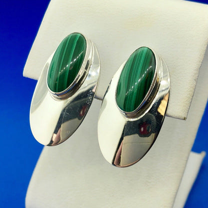 Vintage Sterling Silver 925 Oval Malachite Cabochon Elongated Stud Earrings