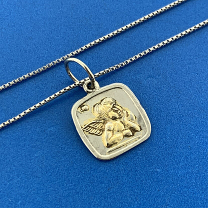 FAS Italy 925 Sterling Silver Two Tone Cherub Guardian Angel Pendant Necklace